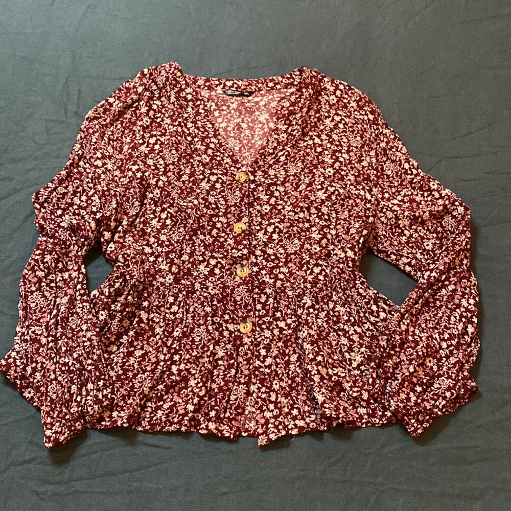 Floral Peplum Button Up Wine Maroon Top XL
